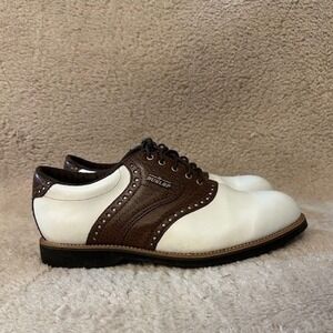 Dunlop Men's Saddle Splkeless Golf Shoes White Brown Leather Lace Up Size 10